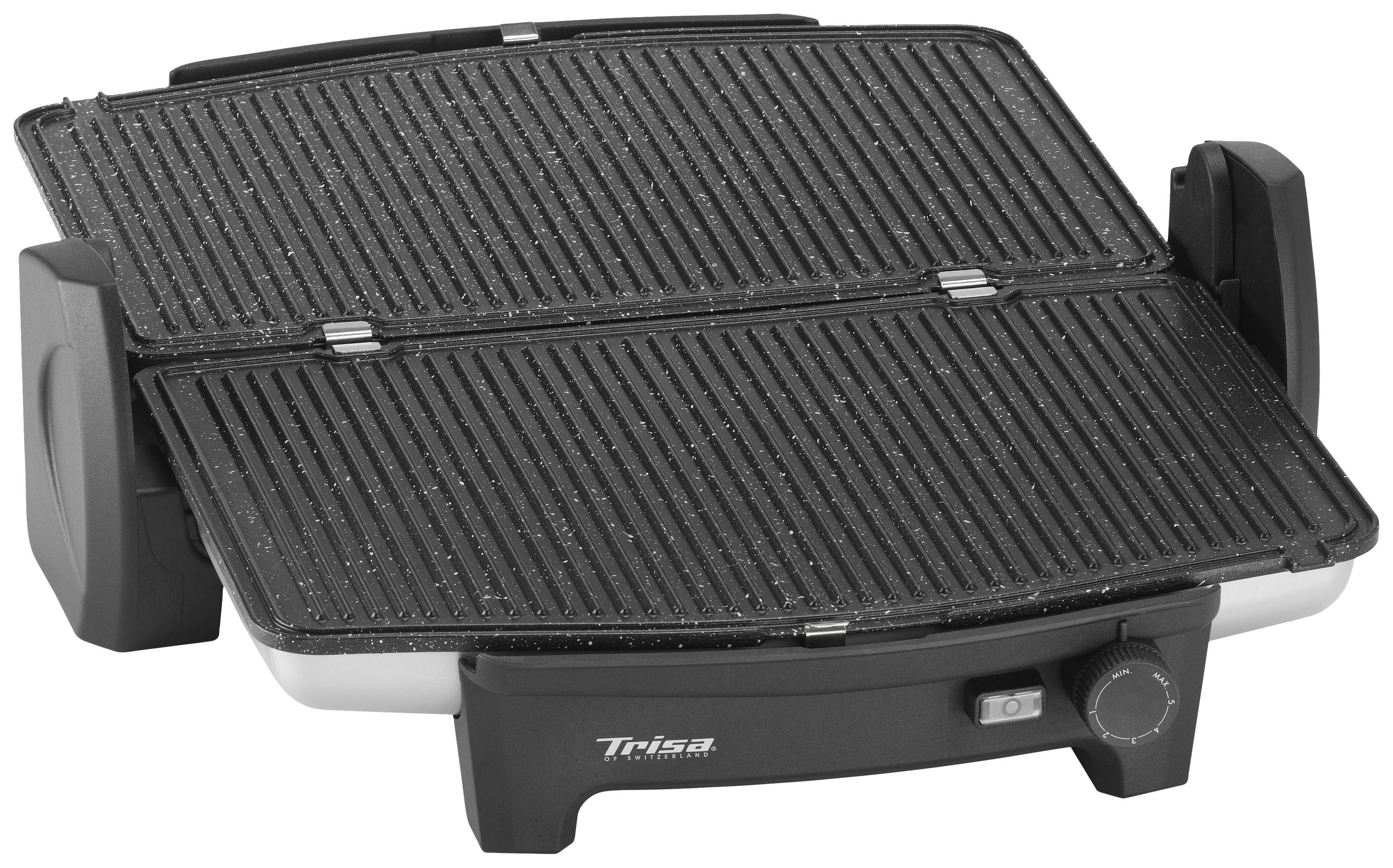 Electric tabletop grill with ridged grilling surface, temperature control and an on-off switch on the front.