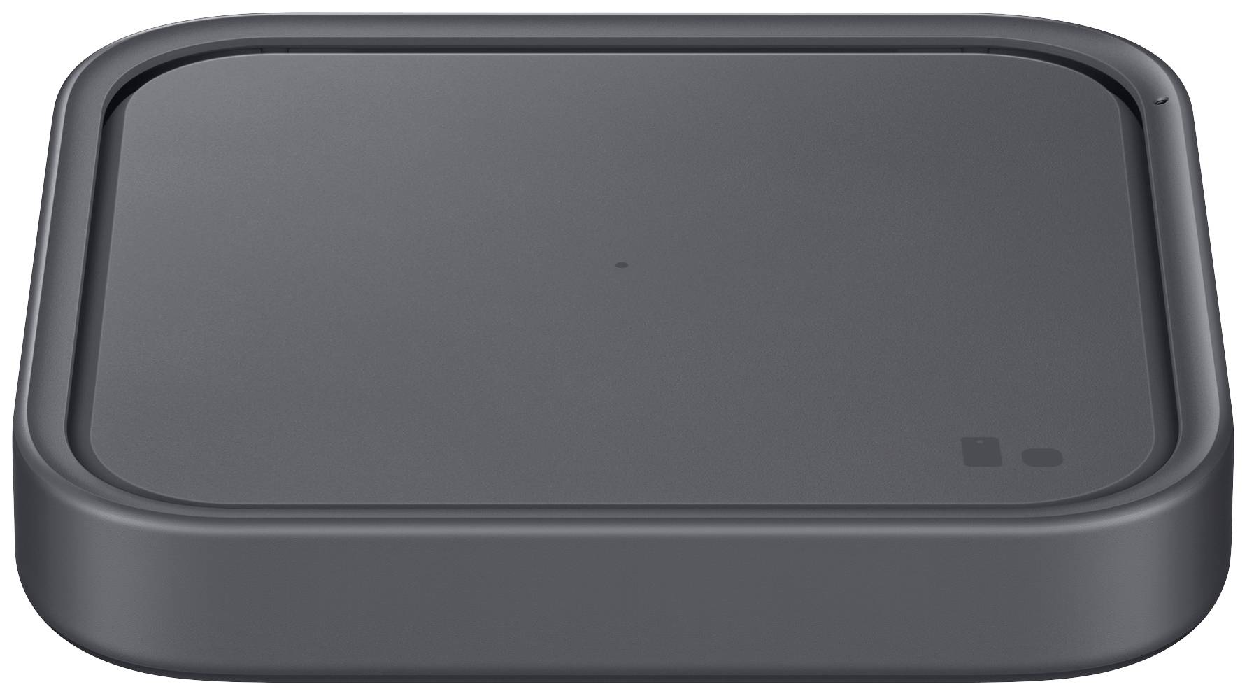 A black, square wireless charging pad with rounded corners, suitable for charging mobile devices.