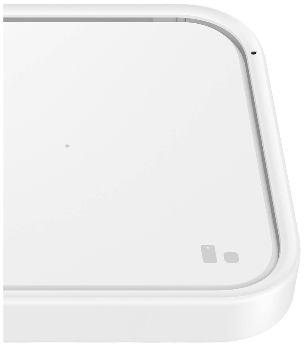 A white, rectangular device with rounded corners. Small symbols are located on its surface.