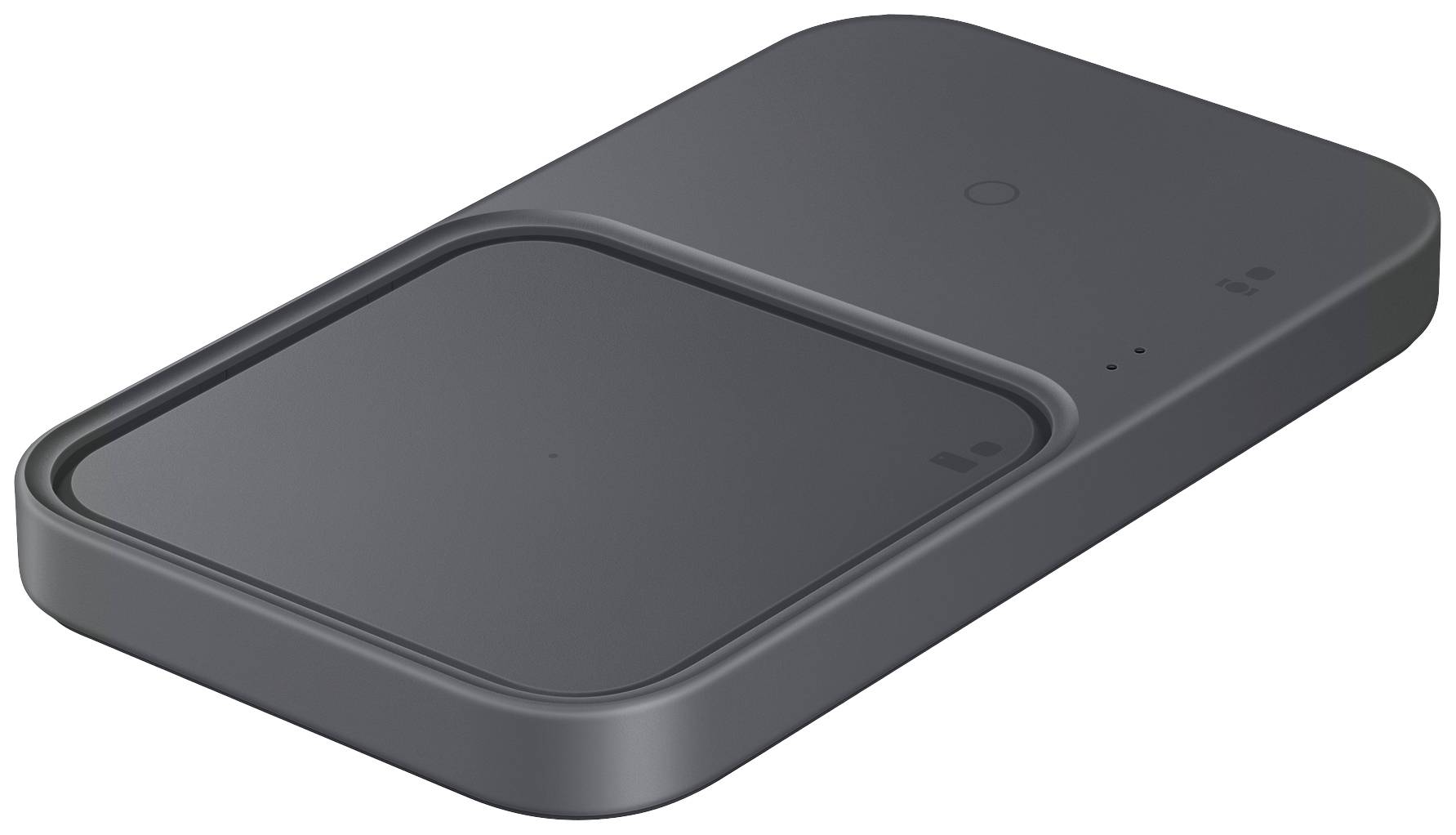 Black, rectangular inductive charging surface with rounded corners, suitable for simultaneously charging multiple devices.