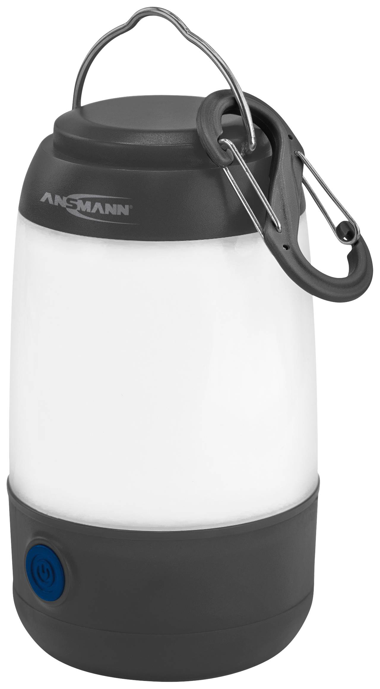 A portable, cylindrical LED lantern with a blue power button and a silver carabiner for hanging.