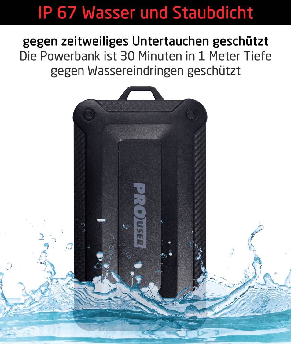 A black, robust power bank is surrounded by splashing water. Text above: 'IP 67 Water and Dust Resistant'.