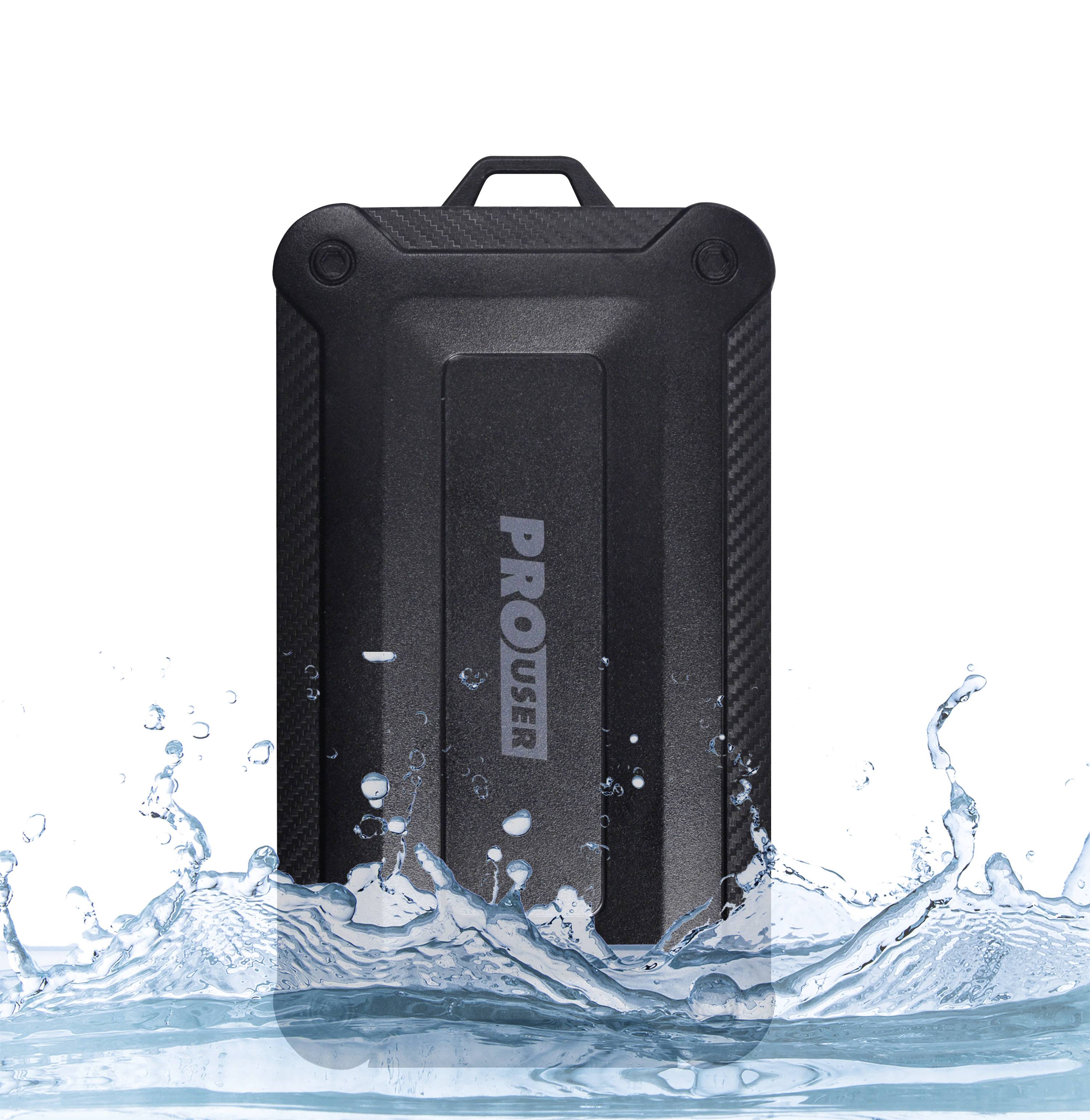 Waterproof, shock-resistant power bank with the 'PROUSER' logo, surrounded by splashing water.