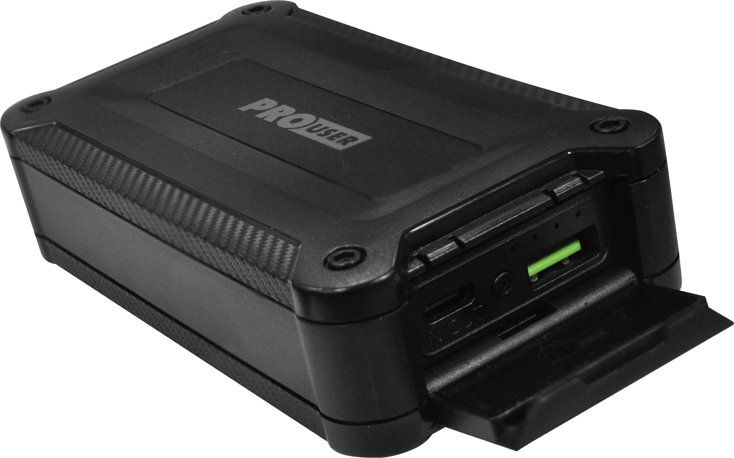 A black, robust hard drive enclosure with a USB port and SD card reader on the front.