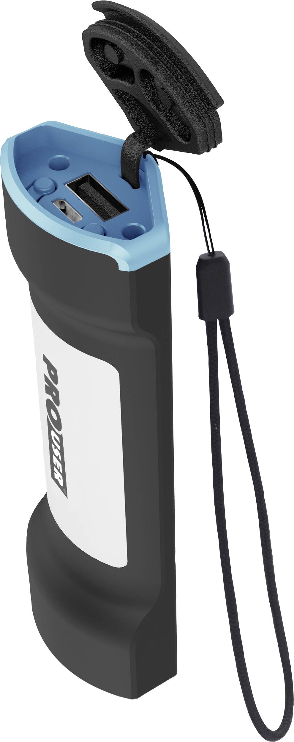 Portable black and blue battery pack with USB port and lanyard.