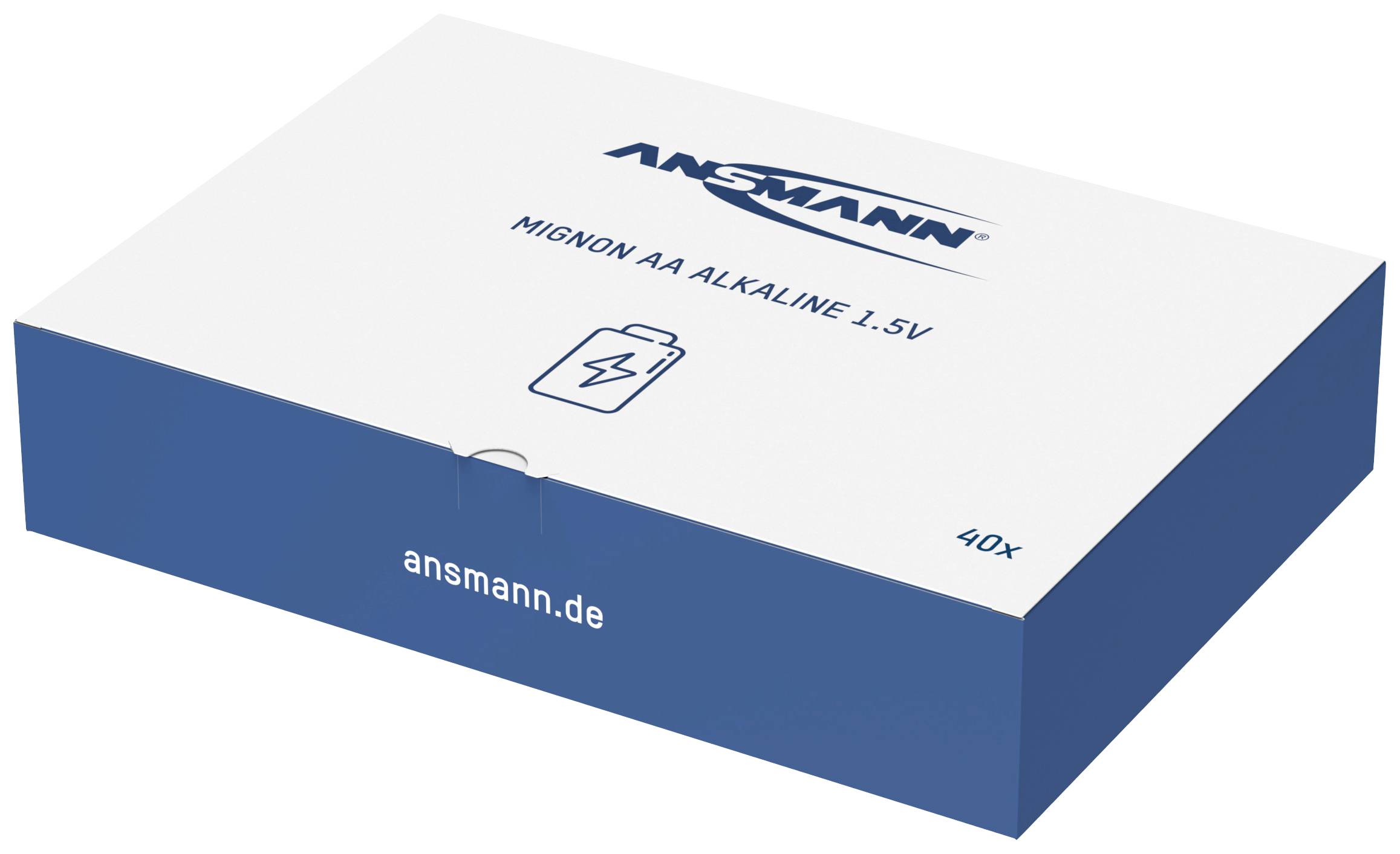 'Ansmann Mignon AA Alkaline 1.5V, Pack of 40' packaging displays batteries with charged symbolism, website 'ansmann.de' below.