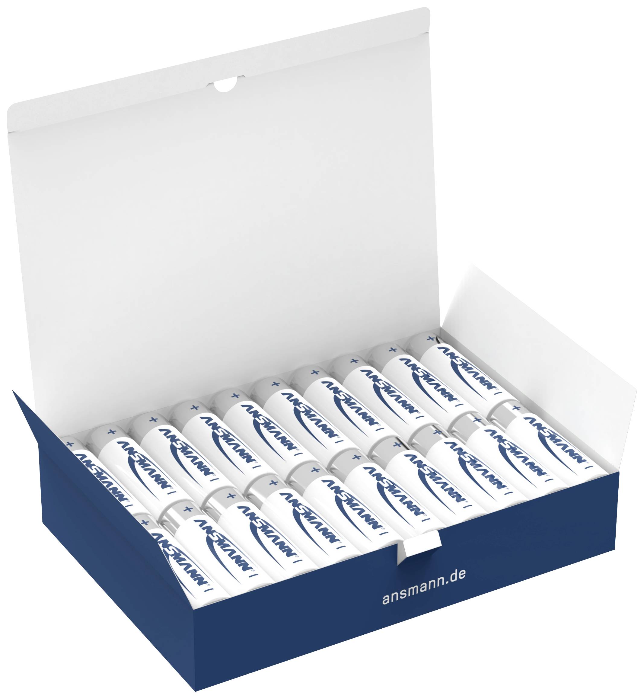 An open box contains many AA batteries with the label 'ANSMANN'.