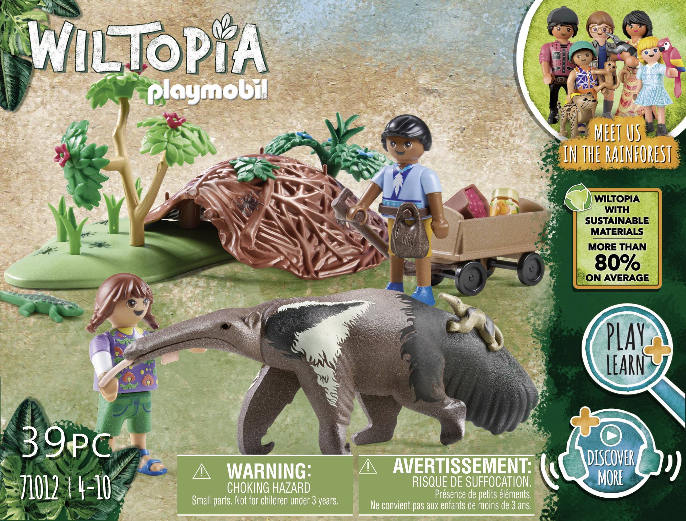 'Playmobil Wiltopia' playset shows two figures, an animal, and accessories in the rainforest. Text: 'With sustainable materials, over 80%'.