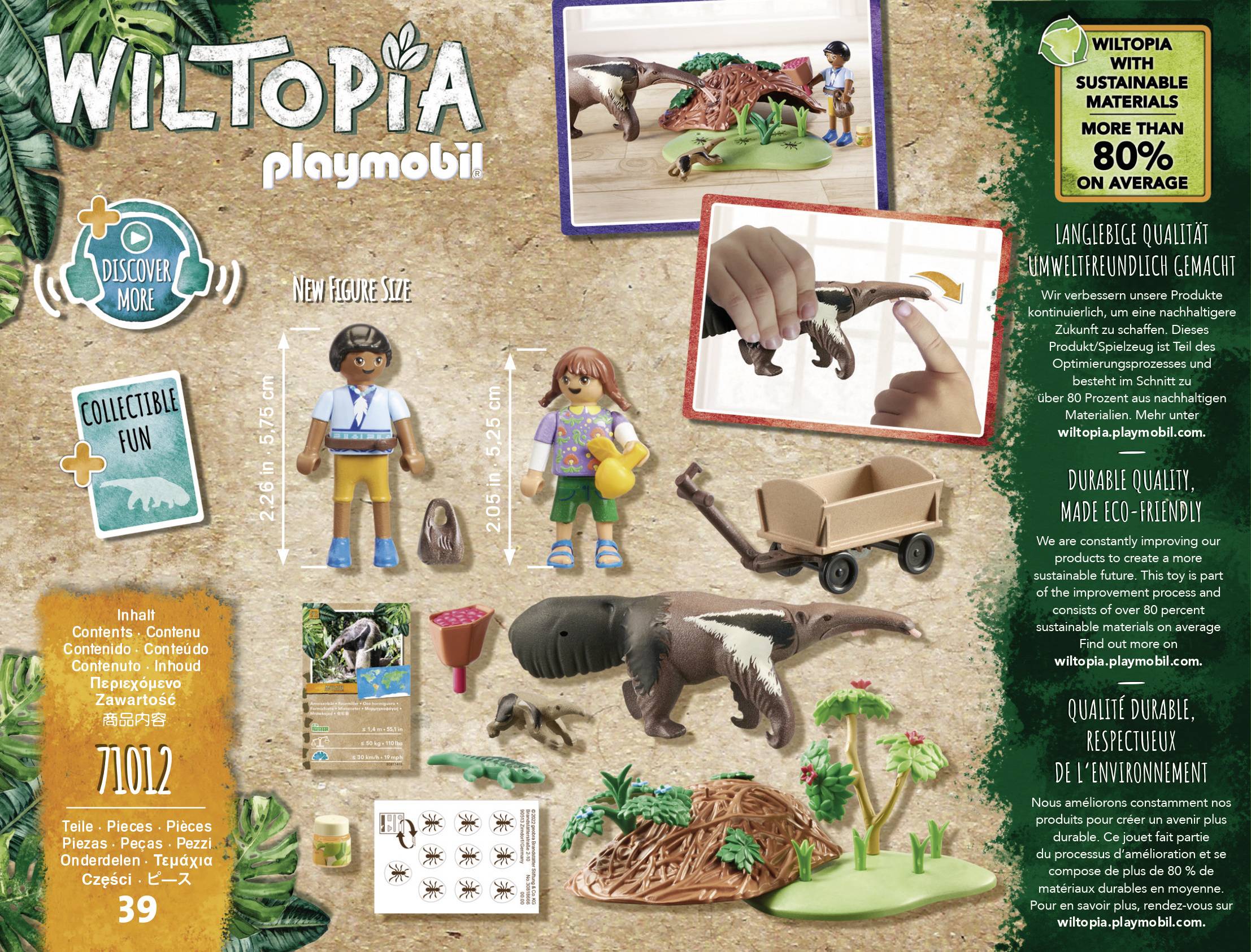 'Wiltopia Playmobil' building block set with various figures, animals, and accessories. Manufactured from environmentally friendly materials. Contains two children's figures, a turtle, and plants.