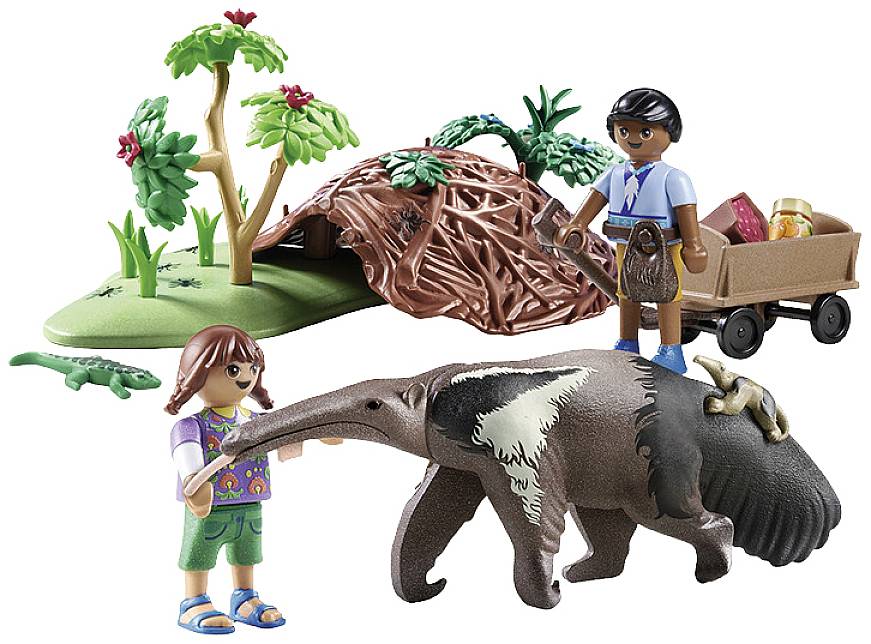 Toy set: Two figurines featuring an anteater and a small crocodile, trees, plants, and a wagon transporting branches.