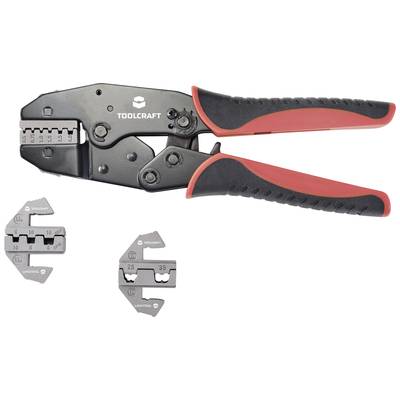 Crimping pliers by Toolcraft with red handles, showing three interchangeable jaw inserts in different sizes for various cables.