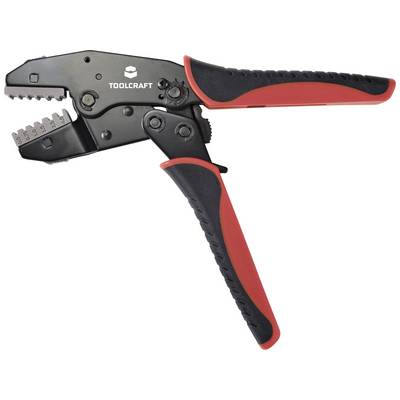 A black and red crimping pliers by TOOLCRAFT with an ergonomic handle, suitable for connecting cables and connectors.