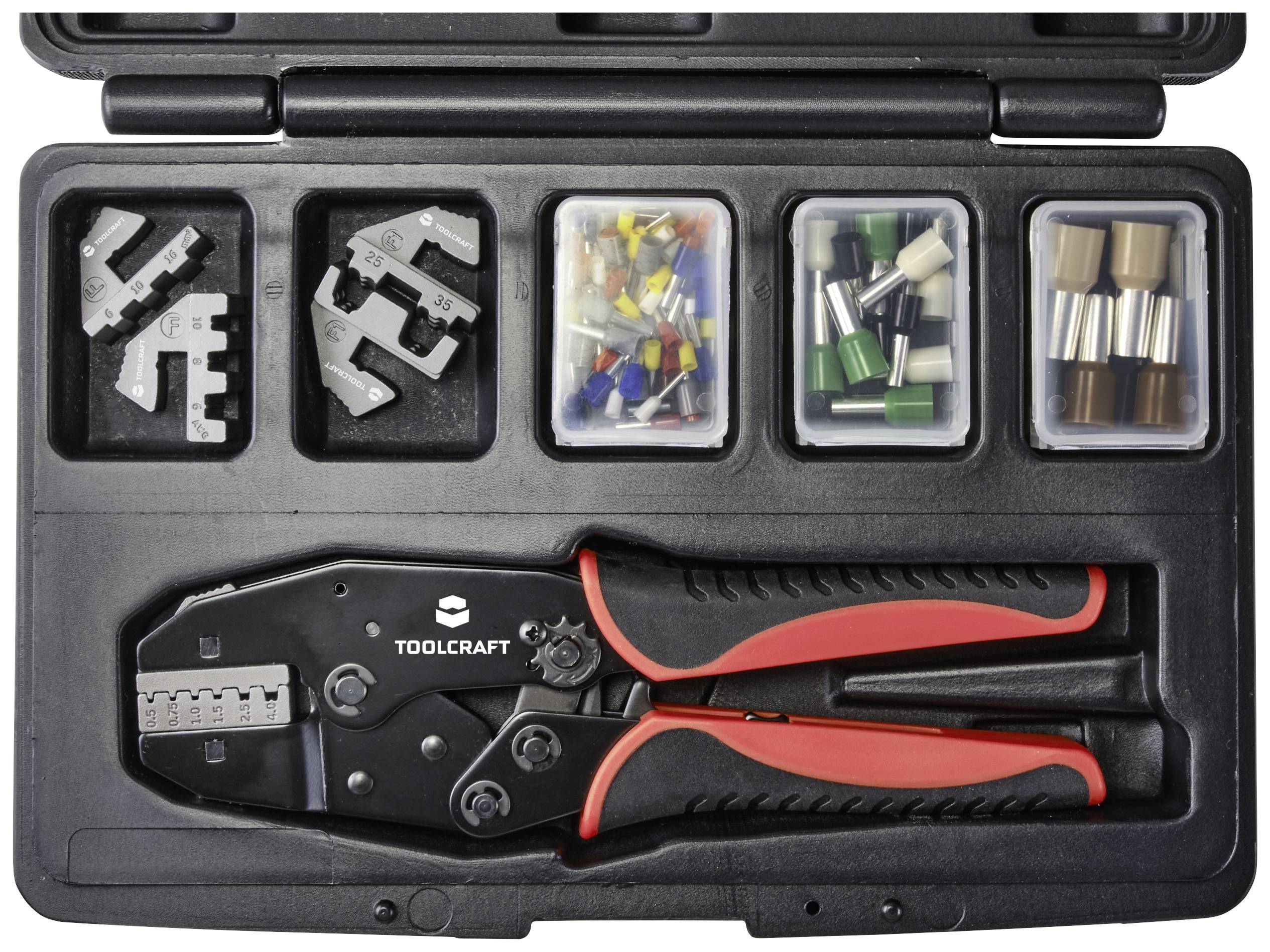 Tool case with crimping pliers, various crimping inserts, insulated wire end ferrules in multiple colours and sizes.