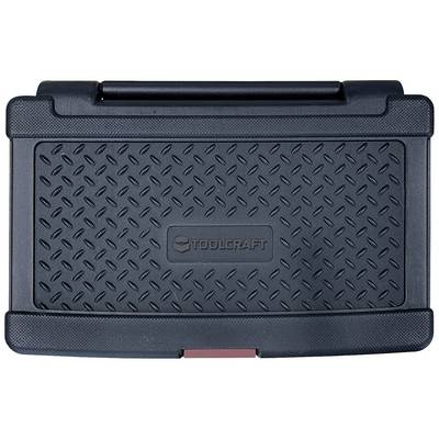 A black toolbox with a textured surface pattern and a central 'Toolcraft' logo on the lid.