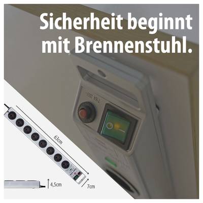 Advertising image for Brennenstuhl: Multiple socket strip with switch and safety device, along with the slogan 'Safety begins with Brennenstuhl.' and dimensions of 63 cm, 7 cm, 4.5 cm.