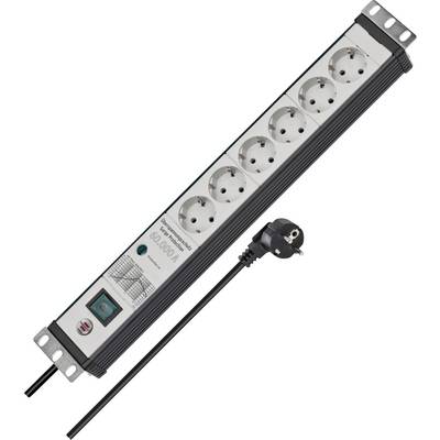 Rack-mounted power strip with eight European outlets, illuminated on/off switch, and attached power cord with plug<br>