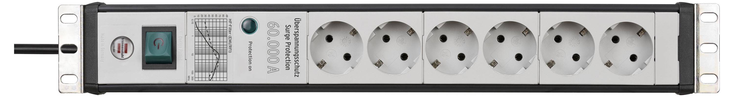 A rack-mounted power strip with a green on/off switch, seven outlets, and mounting brackets on both ends.