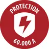 Red safety emblem with white shield and lightning bolt, labeled 'PROTECTION' and '60.000 A', indicating electrical protection rating.