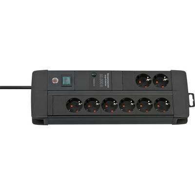 Black power strip surge protector with two illuminated switches, indicator light, and eight AC outlets on a black cord.