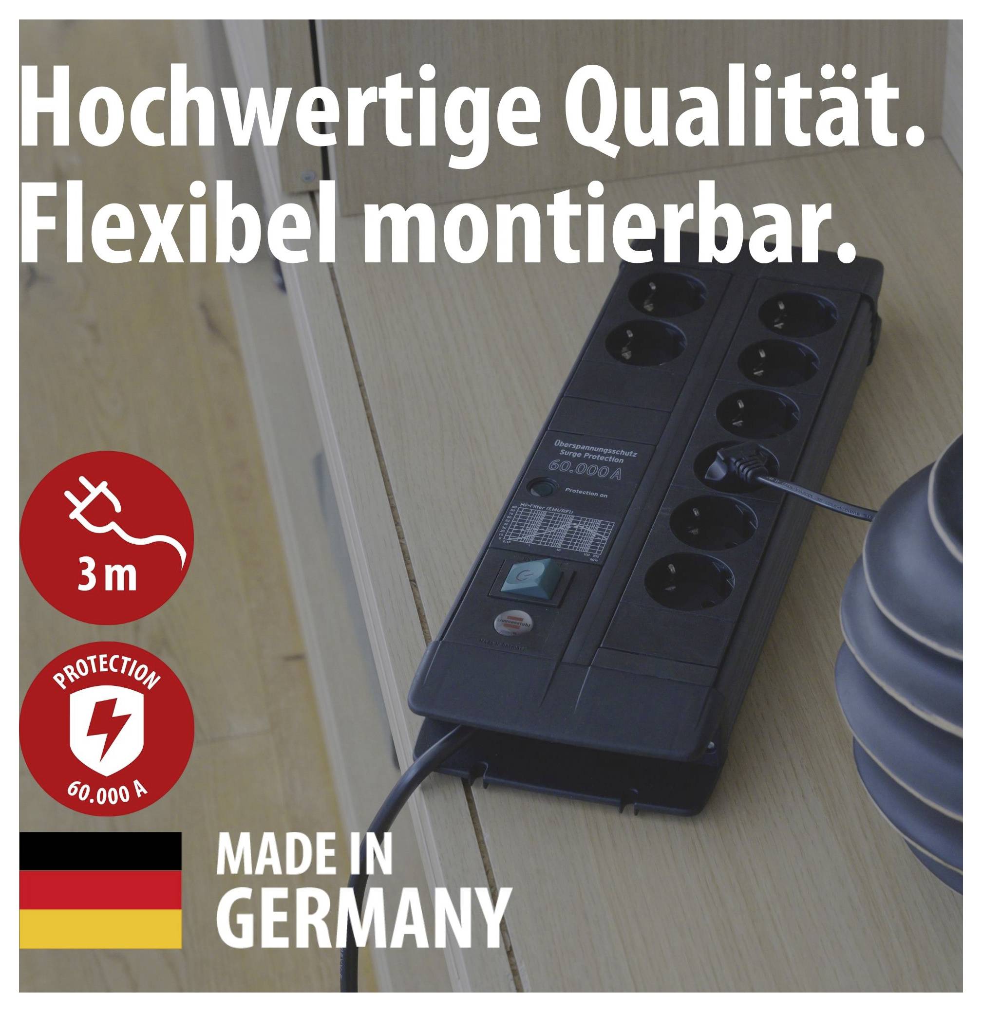 Wall-mounted power strip with text 'Premium quality. Flexible installation.', 3 m cable, 60,000 A protection, Made in Germany.