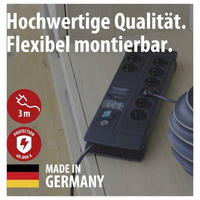Wall-mounted power strip with text 'Premium quality. Flexible installation.', 3 m cable, 60,000 A protection, Made in Germany.