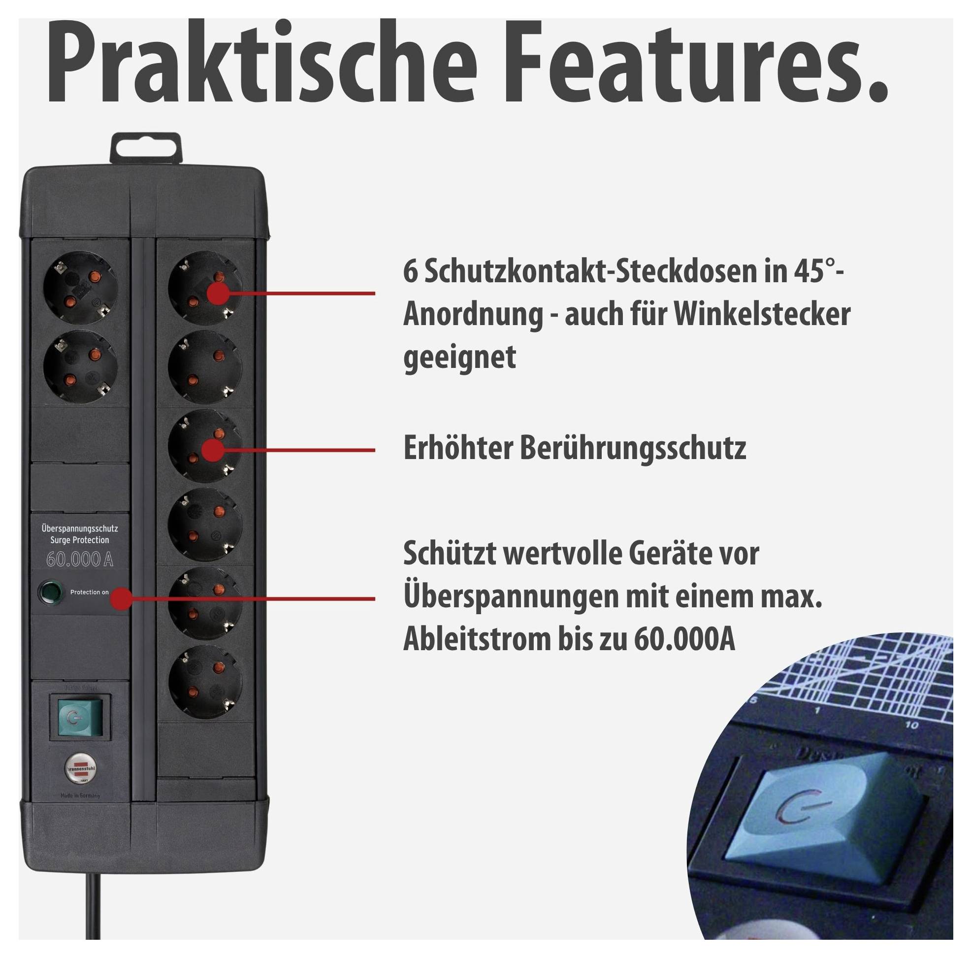 Images of a surge protection power strip; text mentions 6 earthed socket outlets arranged at 45°, increased contact protection and 60,000 A leakage current.