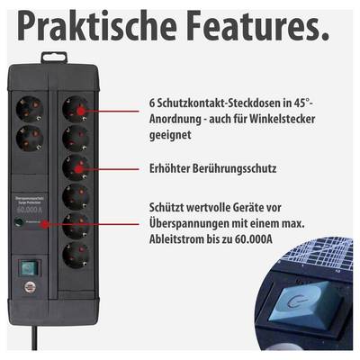 Images of a surge protection power strip; text mentions 6 earthed socket outlets arranged at 45°, increased contact protection and 60,000 A leakage current.
