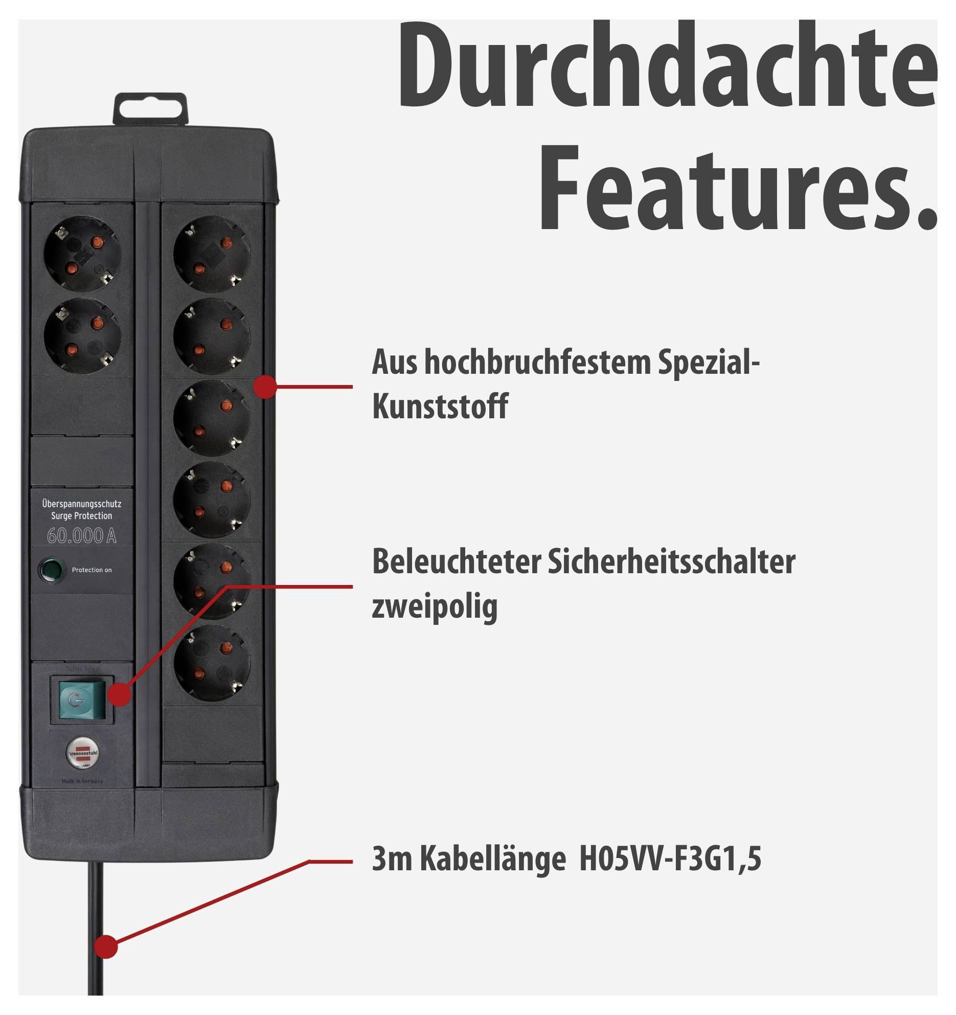Advertising image of a black power strip with multiple sockets; highlighted are special-grade plastic, illuminated safety switch and 3 m cable.