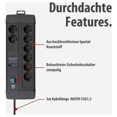 Advertising image of a black power strip with multiple sockets; highlighted are special-grade plastic, illuminated safety switch and 3 m cable.