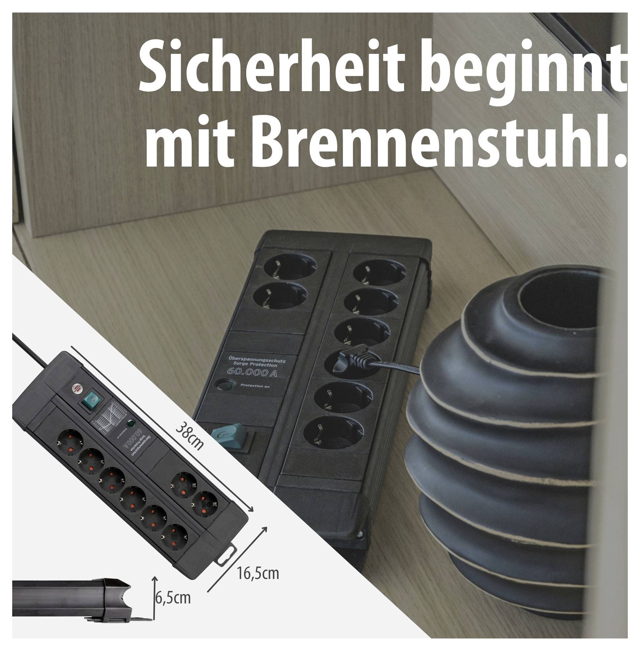 Advertisement for a Brennenstuhl power strip with the slogan 'Safety starts with Brennenstuhl', product photo and dimensions for length and height.