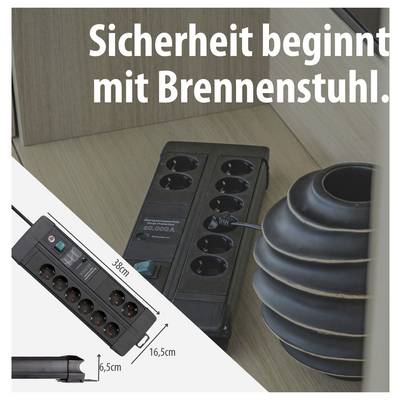 Advertisement for a Brennenstuhl power strip with the slogan 'Safety starts with Brennenstuhl', product photo and dimensions for length and height.