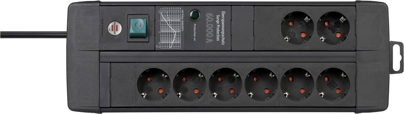 A black power strip with eight socket outlets and a master switch. It features an overvoltage protection indicator.