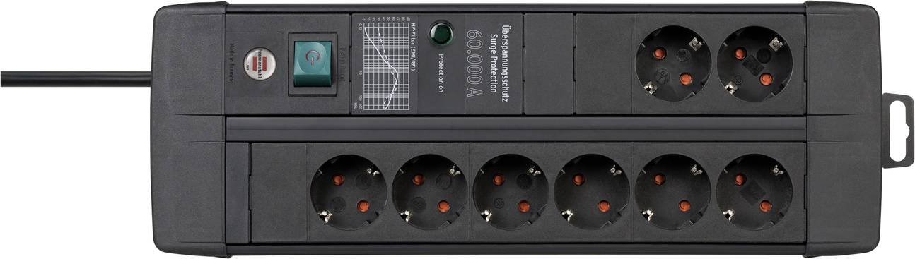 A black power strip with eight socket outlets and a rocker switch. At the top, there is a green indicator light and safety features.