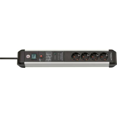 A black and gray surge protector power strip with five outlets, a cord on the left, and a red illuminated power switch.
