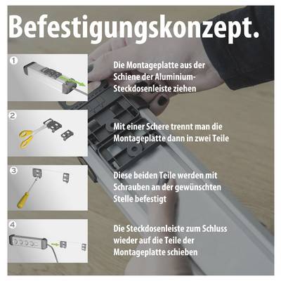 Assembly instructions for an aluminium power strip: Pull out the mounting plate, cut into two parts, screw together, slide the power strip back on.