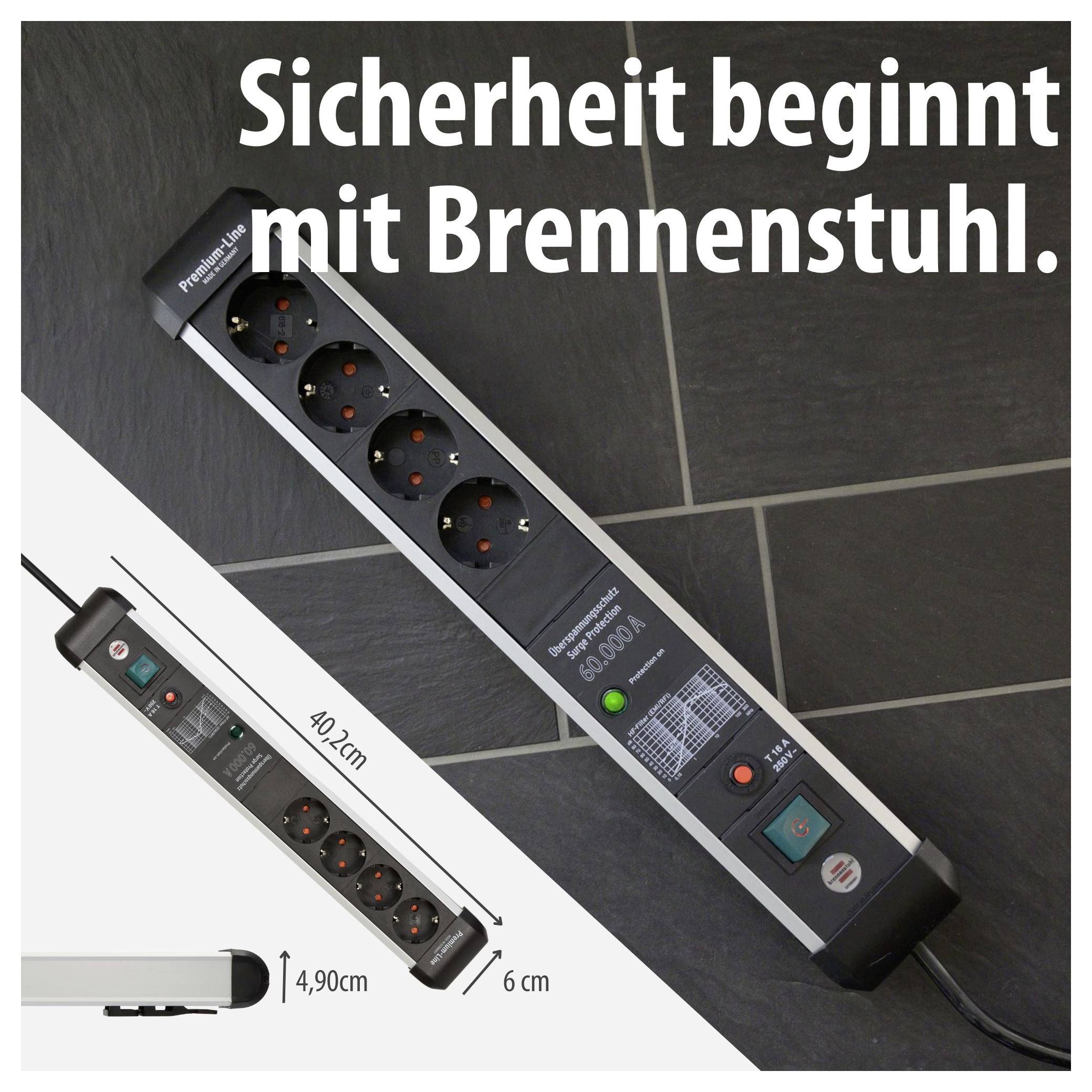 Advertising for a Brennenstuhl power strip: black multiple socket outlet with five socket positions, text 'Safety begins with Brennenstuhl.'