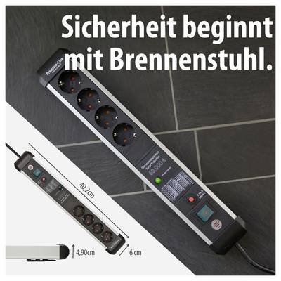 Advertising for a Brennenstuhl power strip: black multiple socket outlet with five socket positions, text 'Safety begins with Brennenstuhl.'