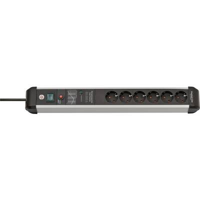 Black power strip with a cord switch and six round outlets, shown in a side view on a white background.