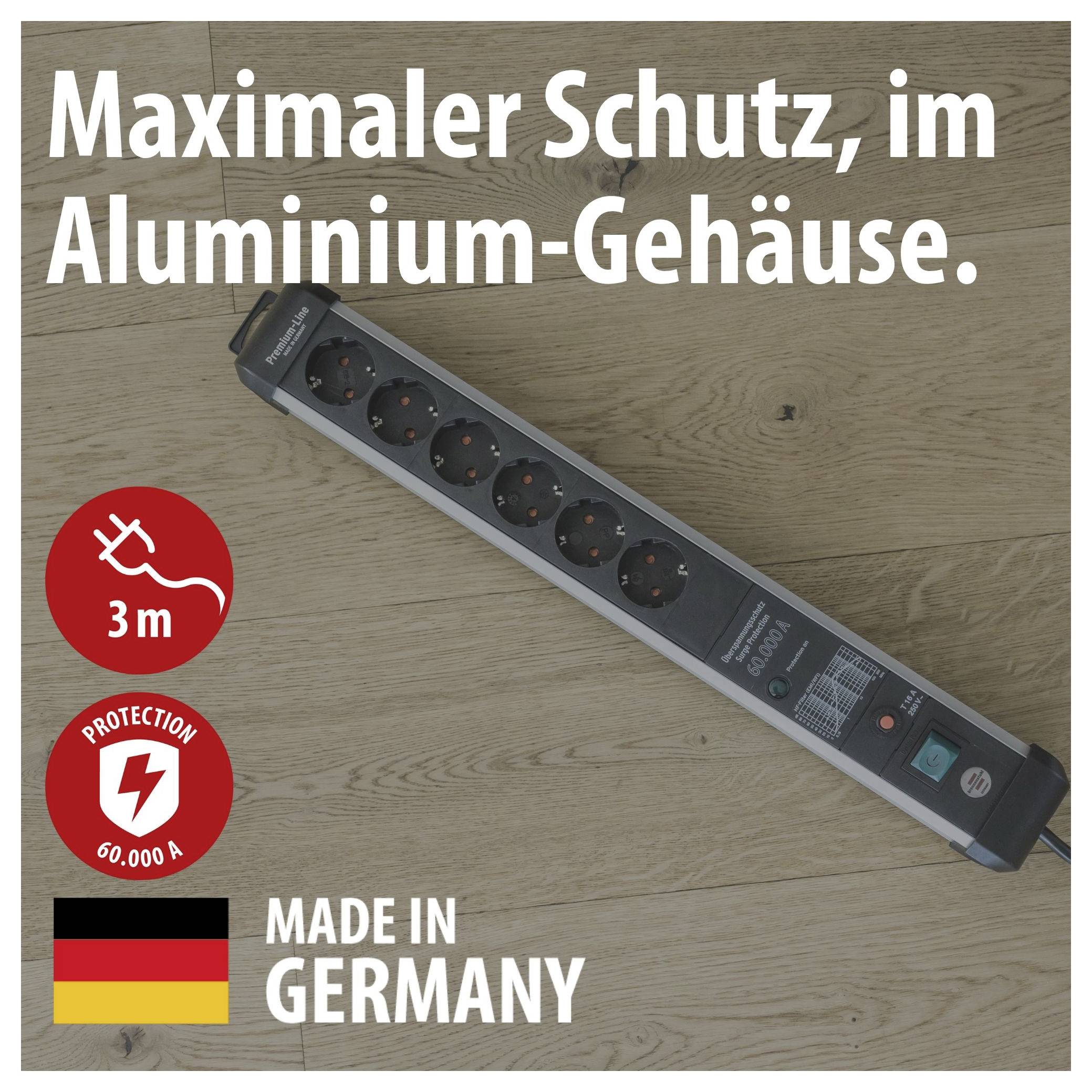 Image of a multiple socket outlet in aluminium housing with text 'Maximum protection, in aluminium housing.', symbols for 3 m cable and 60,000 A as well as 'Made in Germany'.