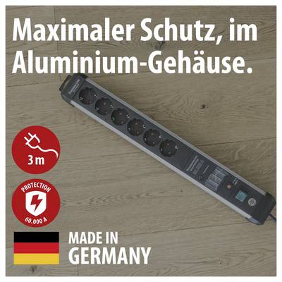 Image of a multiple socket outlet in aluminium housing with text 'Maximum protection, in aluminium housing.', symbols for 3 m cable and 60,000 A as well as 'Made in Germany'.