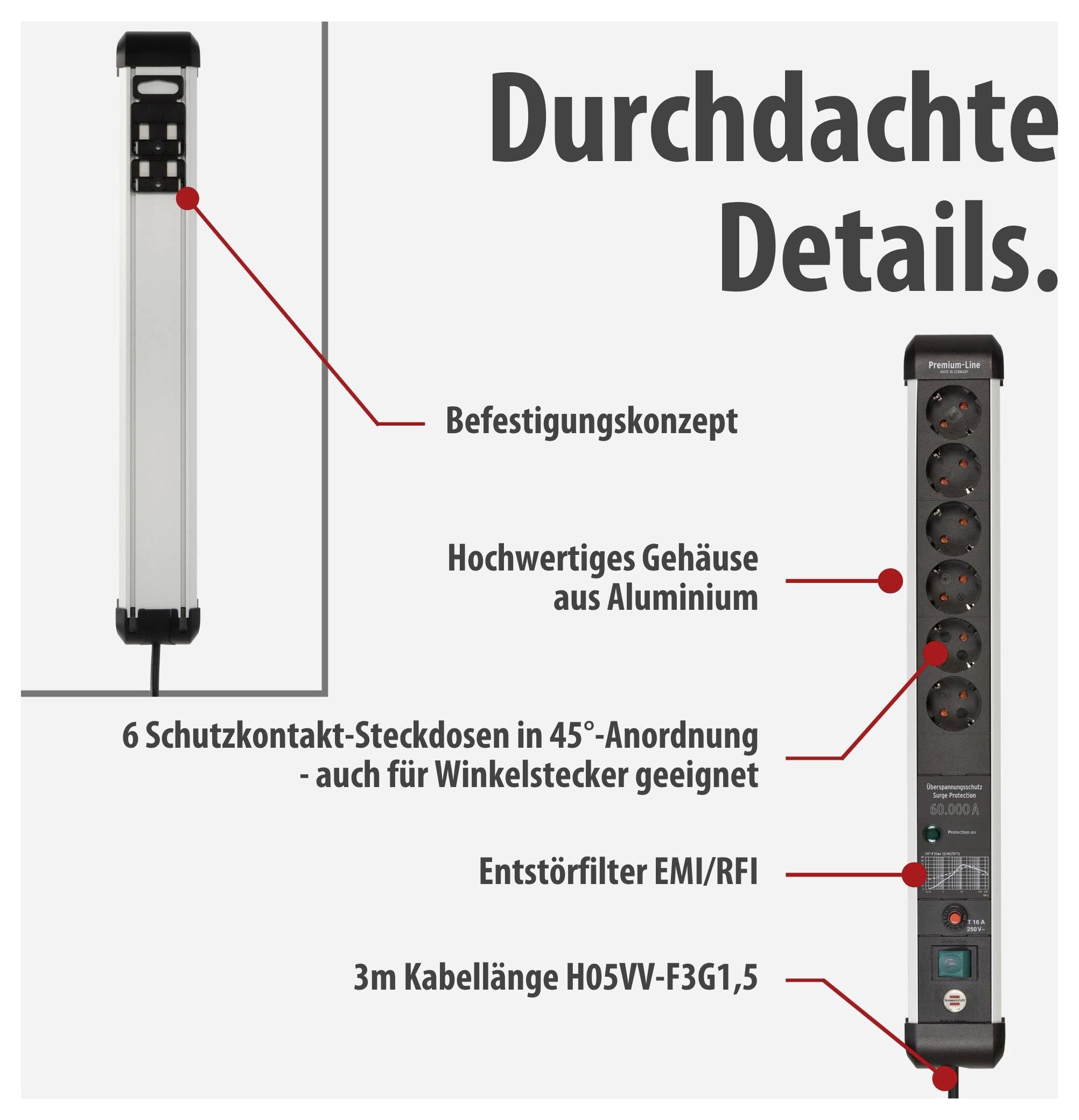 Brennenstuhl 1391010600 Surge protection power strip Silver, Black PG connector 1 pc(s)-3