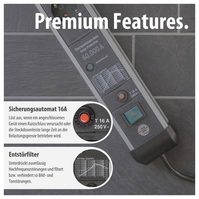Product photograph of a power strip with 'Premium Features': 16A circuit breaker and interference filter, highlighting overload protection and interference filtering.