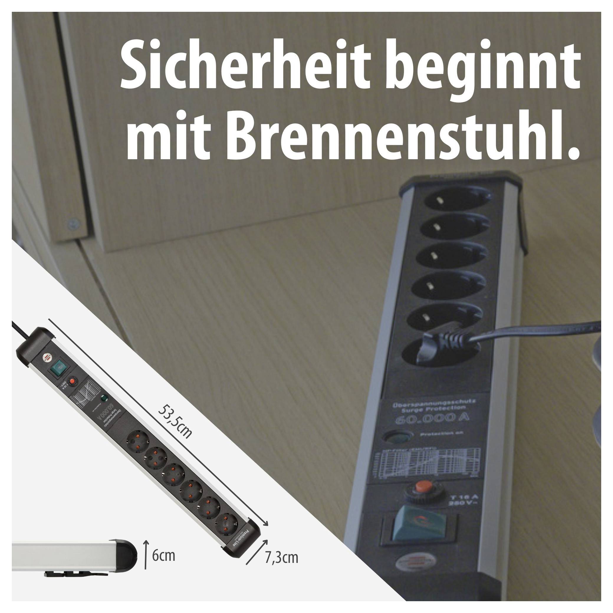 Advertising image for a Brennenstuhl power strip with surge protection; Text: 'Safety starts with Brennenstuhl.'