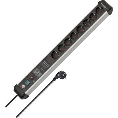 Surge protector power strip with eight outlets and a long black power cord, shown diagonally on a white background.
