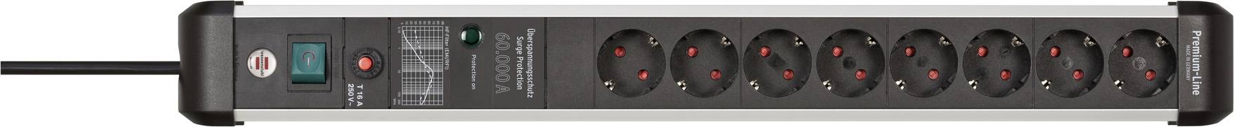 Surge Protection Power Strip with Eight Schuko Sockets and On/Off Switch. Black Housing with Green and Red Indicator Lights.