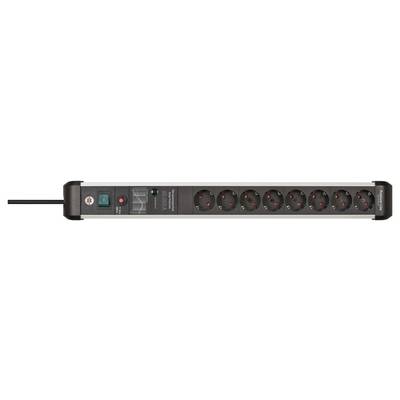 A black surge protector power strip with one red-lit switch, a blue indicator, and eight round electrical outlets.
