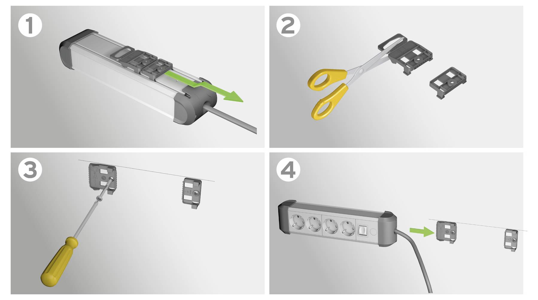 Four-step instruction diagram for assembling a power strip: remove the cover, cut the cable, attach the wall-mount piece, and reinstall it.<br>