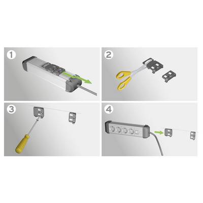 Four-step instruction diagram for assembling a power strip: remove the cover, cut the cable, attach the wall-mount piece, and reinstall it.<br>