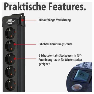 Advertising copy for a power strip with 6 earthed sockets, hanging device and enhanced touch protection.