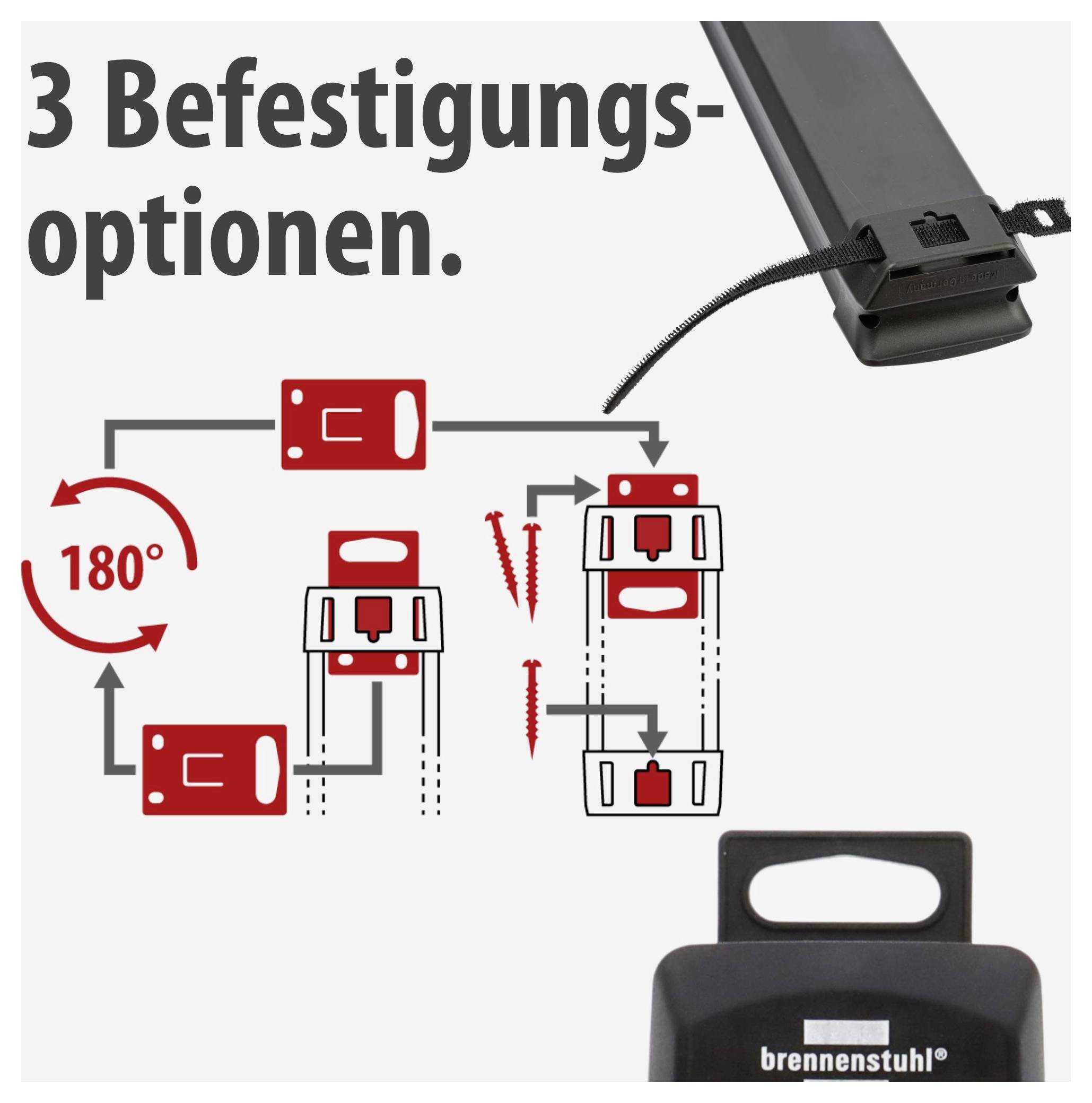 Graphic titled '3 Mounting Options' showing three assembly methods for a Brennenstuhl device, including 180° rotation, with red arrows and brackets.